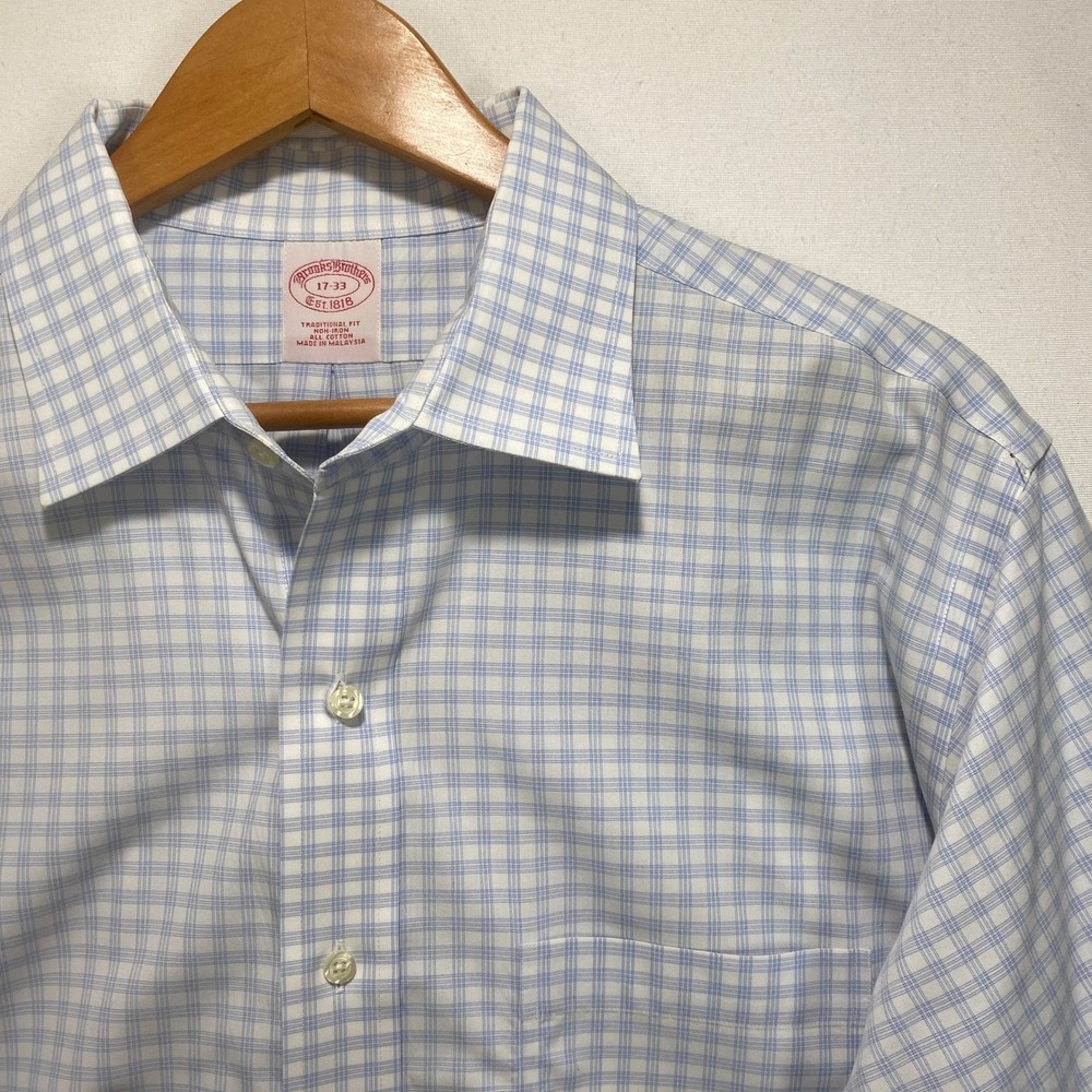VTG Brooks Brothers‎ Traditional Fit Plaid Check Dress Mens Shirt sz 17 33 Blue
